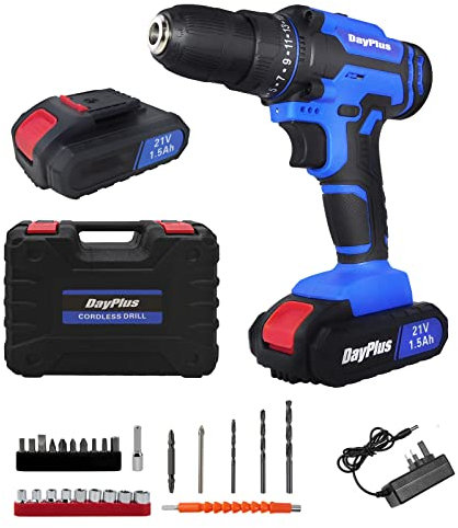 21V Akku-Bohrschrauber mit 2 Stück 1500mAh Akkus und Ladegerät, 2 Geschwindigkeitsstufen 25+1 Drehmoment 45N.m, tragbare Elektrobohrmaschine mit 26 Stück Zubehör und Koffer