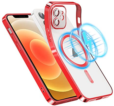 Garegce Coque Magnétique pour iPhone 12 Compatible avec MagSafe Recharge sans Fil, Coque Protection Caméra Étui Silicone TPU Souple Housse Dos Transparente Antichoc, Rouge