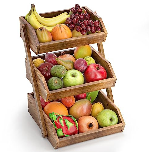 CALM COZY Cesta de frutas de madera de 3 niveles, organizador de cestas de frutas decorativas, soporte de almacenamiento de pan para encimera de cocina