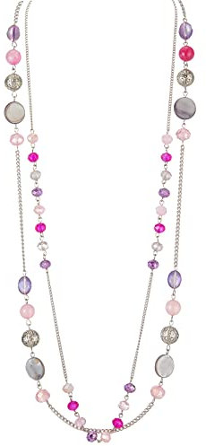 FULU AUTUMN Damen Statement Kette Lange Perlenkette Silber Chain Zwei Strang Modeschmuck Halskette Geburtstagsgeschenk(Hot pink)