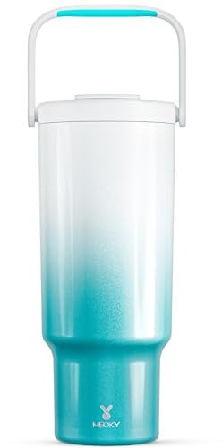 Meoky 40 oz Tumbler with Handle and Straw, Insulated Water Bottle, Stainless Steel Travel Mug, Keeps Cold for 34 Hours, 100% Leak Proof, Fits in Car Cup Holder (Azure)