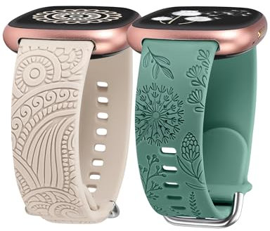 TOYOUTHS 2 Stück Floral Gravierte Armband kompatibel mit Fitbit Versa 4/Versa 3/Sense 2/Sense Armband, Sport Solo Loop Silikon Boho Henna/Löwenzahn Blume Fancy Cute Versa 4 Armbänder, Polarstern/Grün