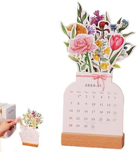 Blühender Blumen Tischkalender 2024 Blume Schreibtischkalender mit Holzsockel Kreativ Vasenform 3D Kalender 2024 Schöner Stehkalender Zeitplaner Kalender Büro Heim Deko Geschenk (1PC)