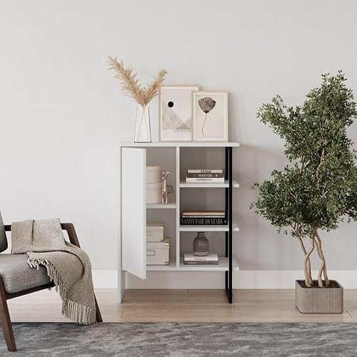 URBNLIVING 60 cm großer Holz-Stahl-Wohnzimmerschrank mit 1 Tür, Nachttisch, Regal, Bücherregal, moderner Aufbewahrungs-Organizer, modernes Design, Heimmöbel, multifunktionale Aufbewahrungslösung