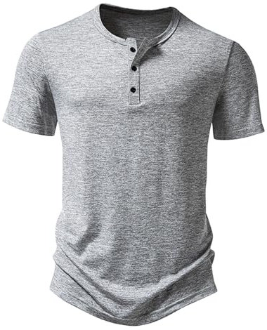 Men's Casual Grandad Collar Henley T Shirt Muscle Fit Summer Smart Short Sleeve 3 Buttons Tee Slim Fitted Collarless Polo T-Shirts Tops-Grey-XL