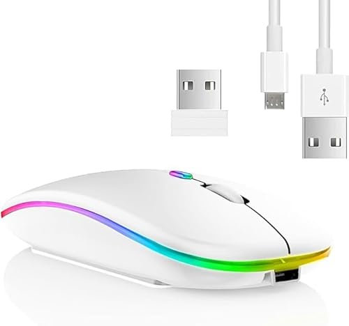 Generico mouse wireless ricaricabile bluetooth, ergonomico mouse gaming senza fili 3 DPI retroilluminato a 7colori con ricevitore USB 2,4GHz per PC Mac (BIANCO)