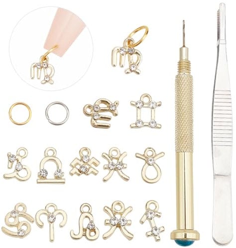 DELORIGIN 126pcs Dangle Nail Art Charms Sets 12 Constellations Pendant Nail Jewelry Rings with Nail Piercing Tool Hand Bore Gels Decorations for Women DIY Nail Design Tips Craft Jewelry Making