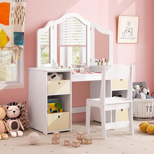 DREAMADE 2 in 1 Kinder Schminktisch mit Hocker und abnehmbarem Spiegel, Prinzessin Frisiertisch mit 4 Aufbewahrungsboxen, Kinderschminktisch für Kinder Mädchen (Weiß mit Hocker & Box)