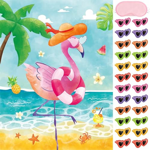 WERNNSAI Pin The Brille Aufkleber auf das Flamingo Spiel – 53 x 72 cm Flamingo Partyspiel mit 24 Stück Brillenaufklebern Tropische Party Wanddekoration für Kinder Mädchen Strand Geburtstag