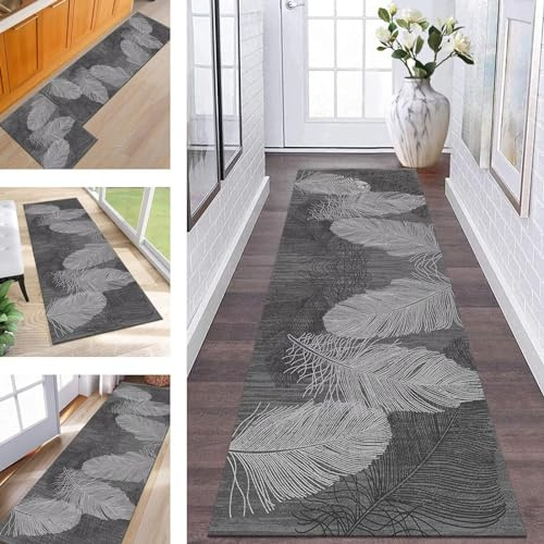 ZESEWU Teppich Läufer Flur Küche Waschbar rutschfest Korridor Teppichmatten 80X200CM Grau Schwarz Abstrakt Küchenteppich Flurteppich Schlafzimmer Esszimmer Polyester Teppichläufer Meterware Anpassbar