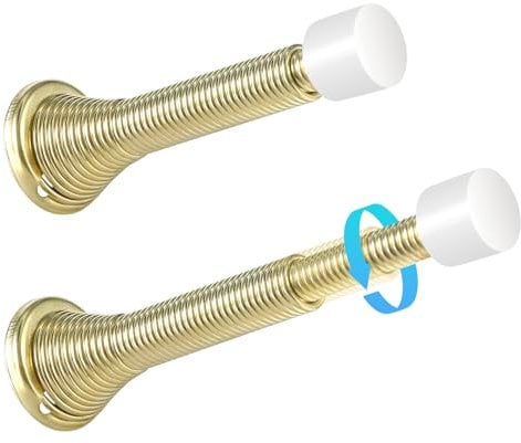 HOMOTEK 1 Pack Telescoping Spring Door Stoppers, Extended from 3-1/8 to 4-1/4 inches Wall Mount Extra Long Door Stops- Flexible Spring Doorstops Wall Protector (Bright Brass)
