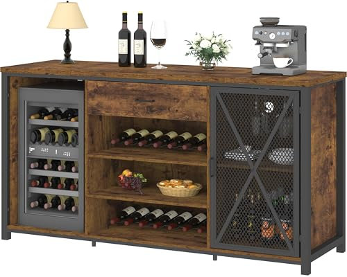 Mudmasa Küchenbuffet mit Kühlschrankraum, 2 Türen Beistellschrank Getränkekühlschrank im Industriestil mit Vintage Braun-Schwarz, inklusive Schubladen, ideal für Flur, Wohnzimmer & Küche