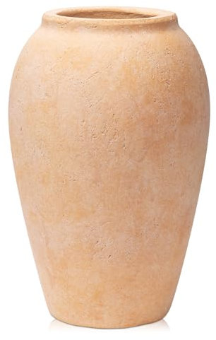 Oairse Jarrón de terracota hecho a mano de 25 cm de alto, jarrón de cerámica vintage para flores, jarrones rústicos antiguos, decoración de boca ancha, acabado mate para decoración del hogar, oficina