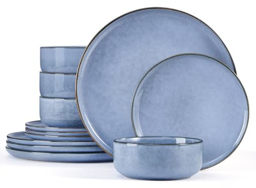 Homikit 12 Piece Dinner Set, Reactive Glaze Kitchen Dinnerware Sets for 4, Elegant Stoneware Included Plates and Bowls, Non-Scratch & Sturdy, Dishwasher & Microwave Safe, Myosotis Blue