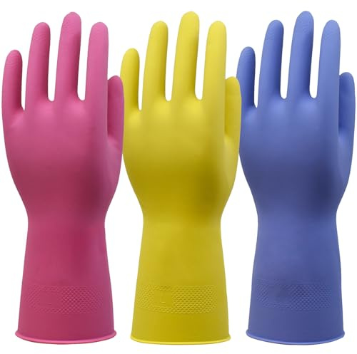 SLICK KIT Gummi-Küchenreinigungshandschuhe, wiederverwendbar, rutschfest, mit beflocktem Innenfutter, 3 Paar (Rosa+Gelb+Blau), Größe M
