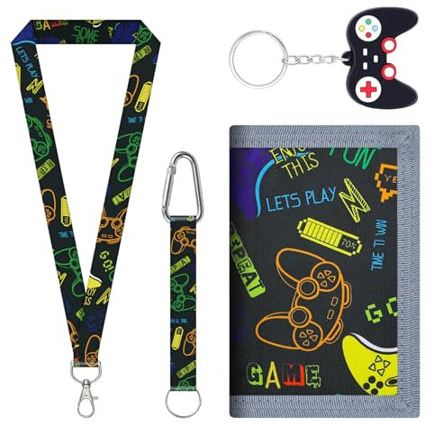 Bofanze Brustbeutel Kinder Cool Geldbeutel Jungen Klein Portemonnaie Kindergeldbeutel mit Schlüsselband und Schlüsselanhänger, Dreifach Gefaltete Geldbörse, Portmonee zum Umhängen für Kinder (Schwarz)