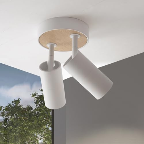 Ougrles Deckenlampe Weiss Holz, Schwenkbar Strahler Vintage Deckenstrahler 2 Flammig Metall, Drehbare Gu10 Spot Deckenleuchte Modern für Wohnzimmer,Küche,Kleine Räume,Flur,Galerie,Bar,Geschäfte