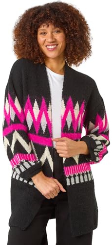Roman Originals Women Cardigan - Ladies Longline Coatigan Tassel Open Front Cardi Winter Autumn Casual Textured Edge to Edge Yarn Patterned Comfy Work Going Out - Cerise - Size 16