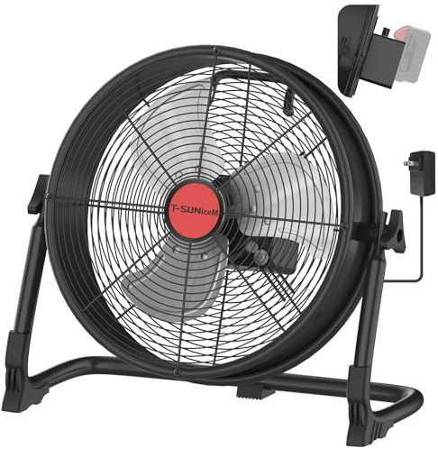 12 Battery Operated Floor Fan for Milwaukee M18 18V Battery, Portable Fan with AC Adapter and USB Output, Metal Industrial High Velocity, Stepless Speed Cordless Fan for Jobsite Garage Camping Backup