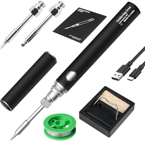 Juego de soldador, batería USB, soldador con 3 temperaturas ajustables 330 ℃ – 450 ℃, 3 puntas de soldadura, juego de soldadura portátil, soldador de batería, soporte de soldador, calentamiento rápido