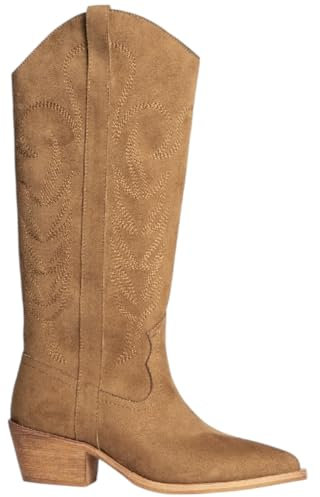 Stivali Donna Western Corina M4770 in camoscio Cuoio Dettagli Fatti a Mano con Tacco Western 4 cm Zip al Ginocchio Basic (38 EU)