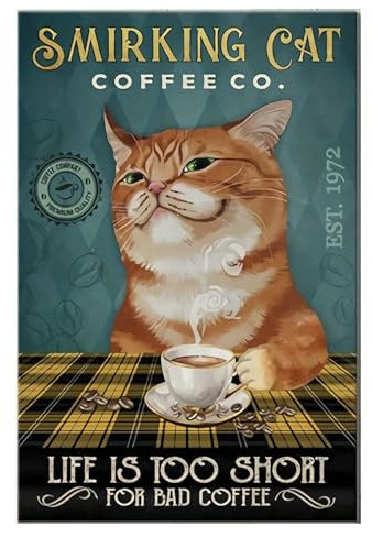 ZWWOGE Gato de café cartel de metal que cuelga de la esquina del café de la cocina, la vendimia antes de cartel retro para la decoración de la pared del arte del cuarto de baño de la cocina