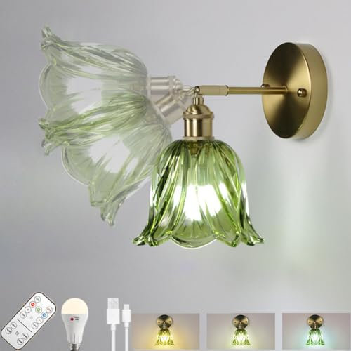 LOGT Kabellose Wandleuchte Akku mit Fernbedienung Drehbar Wandlampe Innen Blumen Glas Schirm Wandlampen Ohne Stromanschluss Grüner Kristall Wandbeleuchtung Retro Rustikal Aufladbare Lampe Gold,1pcs