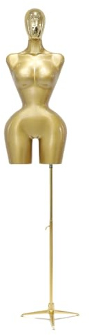 Sexy weibliche Schaufensterpuppe, Verstellbarer Kleiderständer mit dreieckigem Metallfuß und galvanisiertem Kopf, schmale Taille(Gold)