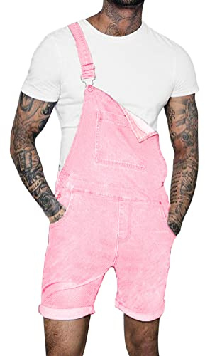 Oanviso Herren Denim Strap Kurze Jumpsuit Lässiges Arbeitshose Jumpsuit Vintage Bibs Jumpsuit Stilvoll Latzhose Overalls mit Taschen Sommer Zerrissene Loch Kurze Jean Jumpsuit