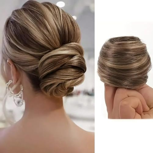 Hårförlängningar för kvinnor, rörig hårknut hårdel, syntetiska hårsnoddar, rörig hårknut scrunchie, elastiska tillbehör, lockiga hårdelar (Brun blandad blond)
