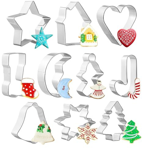 Simpeak Weihnachten Ausstechformen, 10PCS Plätzchen Ausstecher, Weihnachtsbaum Strumpf Glocken Schneeflocken Keksausstecher aus Edelstahl Backschablonen Plätzchen Ausstecher für Party Backen Deko