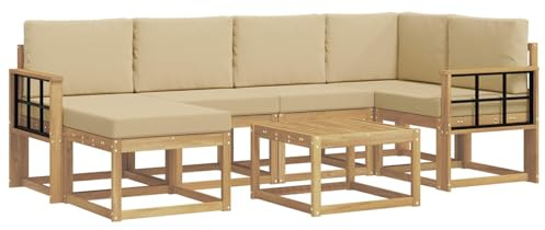 vidaXL Outdoor-Sofagarnitur 7 pcs Weiß und Beige Massivholz Akazie, Garten Sofa, modernes Eckset, wetterfestes Loungemöbel, Terrassen Sitzmöbel für entspannten Komfort