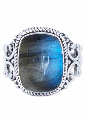 mantraroma Damen Ring Silber mit Stein Labradorit Edelstein blau ausgefallen verspielt