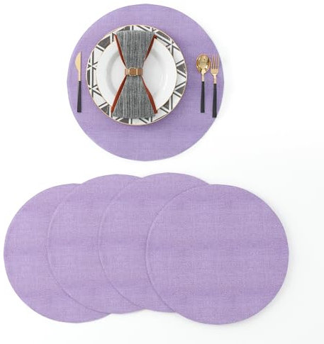 Set mit 4 runden Platzdeckchen, 38,1 cm, weiches Leinen, umweltfreundlich, handgefertigt, maschinenwaschbar, für drinnen und draußen, Tischset, Lila