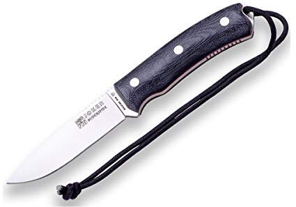 Joker Bushcraft Jagdmesser Bushcrafter CM120-P, schwarzer Micarta-Griff, Klinge 10,5 cm aus Böhler N695 Stahl, Lederscheide mit Feuerstahl, Werkzeug zum Angeln, Jagen, Camping und Wandern