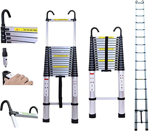 6.2m Extension Ladder w/Detachable Safety Hook Telescopic Ladder Folding Telescoping Ladder Safe & Durable 150kg Capacity Portable Loft Ladder for Outdoor Indoor Activities, Alumnium Straight Ladder
