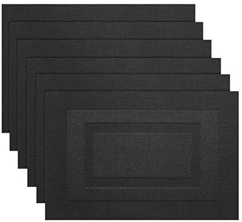 Pigchcy Placemats Set of 6, 45 x 30cm, Black: Woven Vinyl, Heat Resistant, Non Slip, Easy to Clean