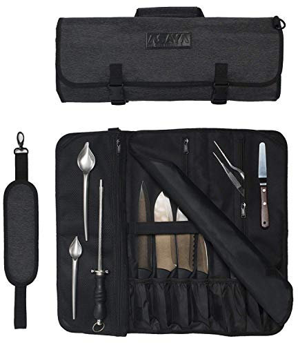 Asaya Rolltasche für Kochmesser – 20 Taschen für Messer und Küchenutensilien – Hergestellt aus schmutzabweisendem gewachstem Nylon – für Köche und kulinarische Studenten – Messer Nicht im