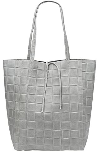 SH Leder ® Damen Echtleder Shopper in geflochtene print mit Innentasche in vielen Farben Schultertasche Henkeltasche 37x29cm Kamilla G267 (Hellgrau)