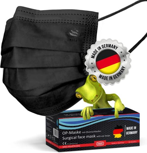 kela OP-Maske - 50x Medizinische Maske Schwarz | 100% Made in Germany | OEKO-TEX Standard | Premium Atemschutz Mundschutz OP Maske | MNS Typ IIR Einwegmaske