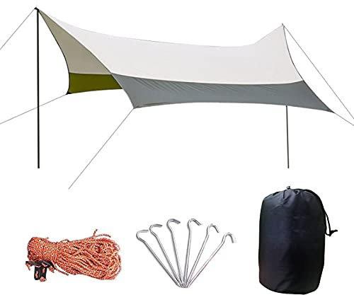 0℃ Outdoor Zeltplanen Camping wasserdichte Tarp, 4.4m X 4.4m Waterproof Awning Tarp, Tragbarer Multifunktionaler Zelt-fußabdruck für Camping, Sonnenschirm, Wandern, Strandstrand,Olive Green
