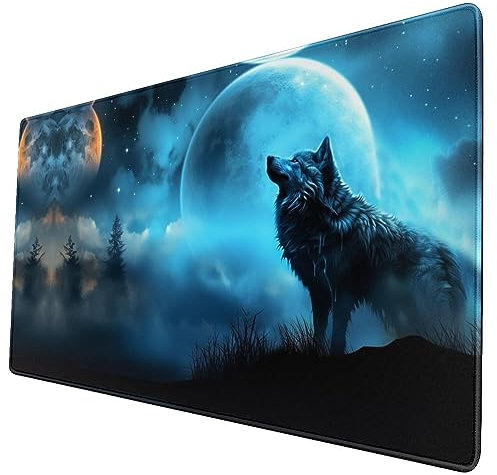 Großes Gaming-Mauspad, niedliches Tastatur-Pad, cooler Wolf & Mond, Schreibtischunterlage für Büro, Zuhause, erweitertes Mauspad mit genähten Kanten, 39,5 x 74,1 cm