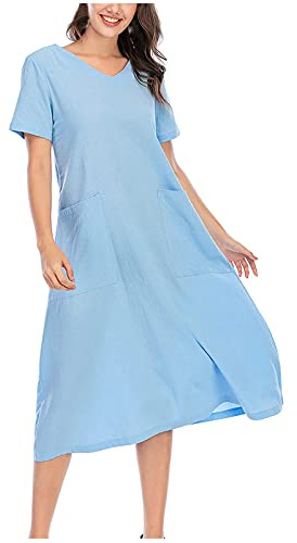 Damen Leinen Baumwolle Kleid Casual Kurzarm Kleid V-Ausschnitt Kurzarm Midi Kleid Lange Tunika Bluse Große Größen Elegant Kurzarm Maxikleider Kaftan Leinenkleid Mit Tasche