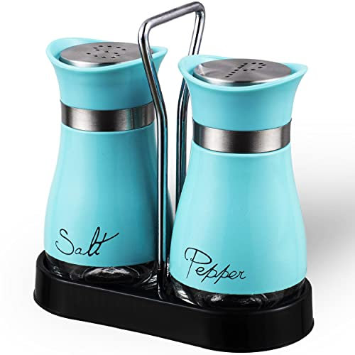 Salz- und Pfefferstreuer Set aus Edelstahl mit Glasflasche für Tisch, Wohnmobil, Camp, BBQ, 2 Stück, Türkis