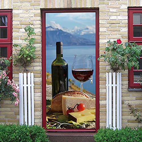 LuSeven türaufkleber 3d Rotwein Kelch Brot 90x215cm(35.43 inches * 84.64 inches) Türaufkleber selbstklebendes Türbild -Türtapete Selbstklebend 3D Türaufkleber Wasserdichte Tapete