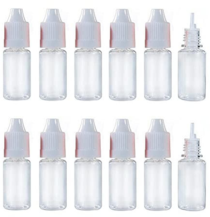 QUUPY 50Pcs 10ml Clear Plastic Squeezable Dropping Bottles Refillable Empty Eye Liquid Dropper Vials Sample Packing Storage Container with White Screw Cap and Removable Plug