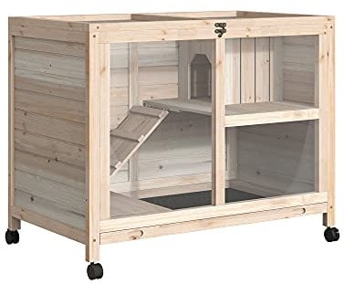 PawHut Cage à Lapin clapier sur roulettes Petit enclos aminaux en Bois Massif 2 étages Toit ouvrant Plates-Formes 91,5 x 53,3 x 73 cm Bois Naturel