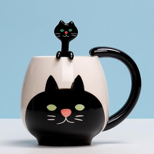 Xfeyaqlo Tasse Chat Noir Avec Cuillère - Mignonne Tasse à Café Grande Pour Le Petit Déjeuner - Pour Café, Lait, Boissons, Porridge - Cuillère Qui Pend Du Mur