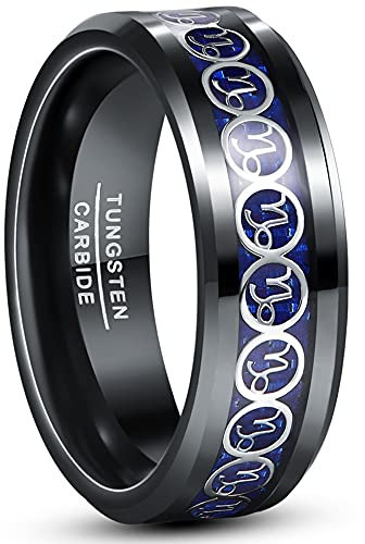 Cloyo Herren Ringe Schwarz 8mm Wolfram Ring Sternzeichen Ring Steinbock mit Blaue Kohlefaser Ringe für Frauen Männer Größe 65 (20.7)
