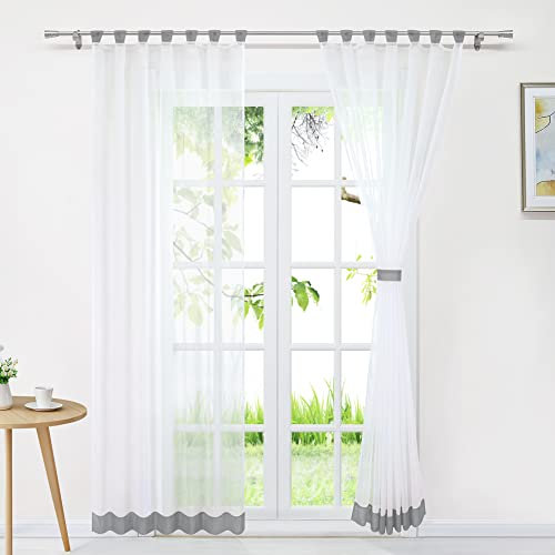Delien Voile Gardine Transparent Vorhang Gardinenschals Modern Schlaufenschal Fensterschal Wohnzimmer Fenster Gardinen Farbnähte Vorhänge mit Schlaufen 1 Stück BxH 140x145cm,Grau